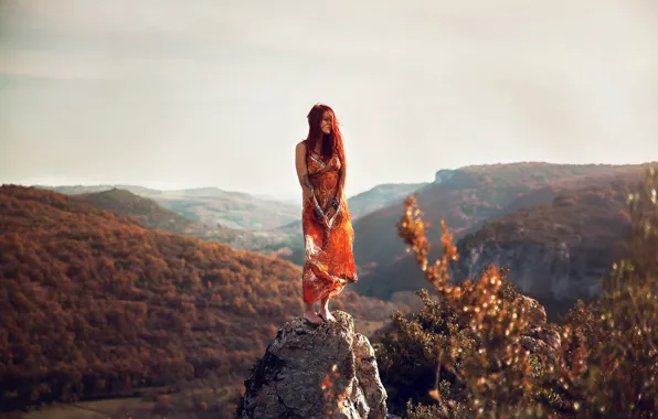 Девушка, пейзаж, камень, вид, высота, Lorene