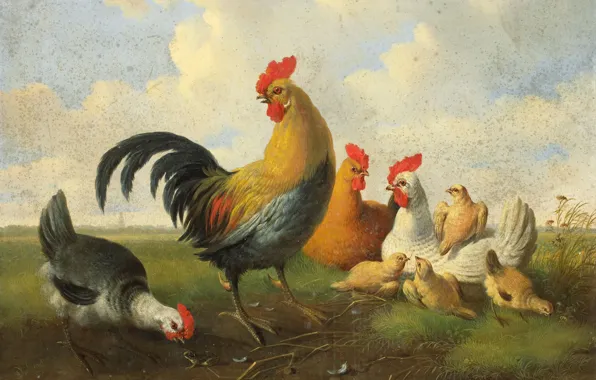 Птицы, масло, картина, холст, 1855, Петух с Курицамими и Цыплятами, Albertus Verhoesen