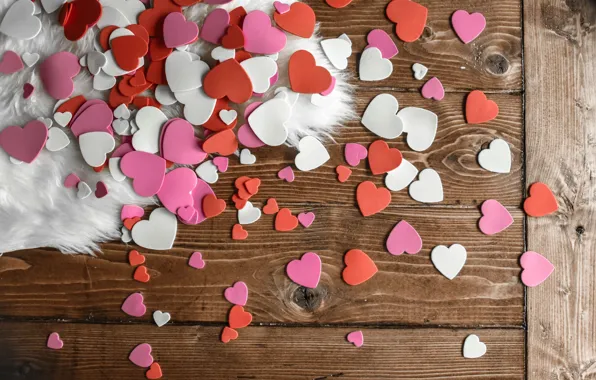 Картинка сердечки, мех, love, wood, разноцветный, romantic, hearts, Valentine's Day