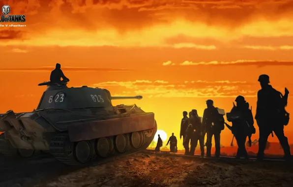 Картинка небо, солнце, рисунок, арт, Пантера, солдаты, танк, зарево
