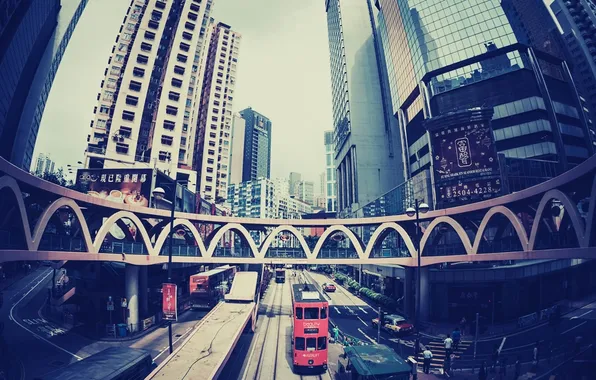 Картинка дорога, город, улица, дома, Гонконг, автобус