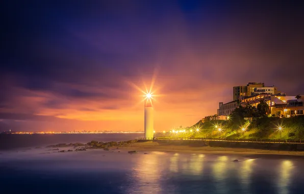 City, lights, beach, sea, ocean, night, hotel, lighthouse