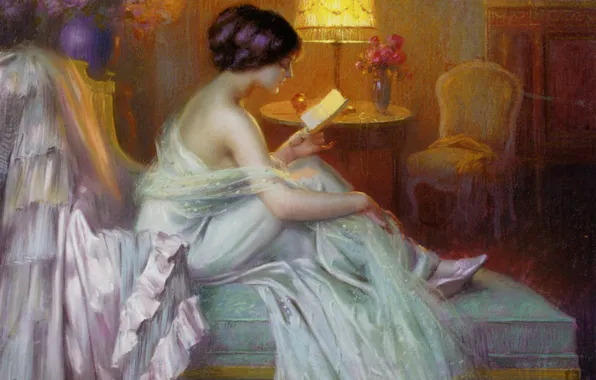 Девушка, лампа, вечер, чтение, lamp, Reading, light., Delphin Enjolras