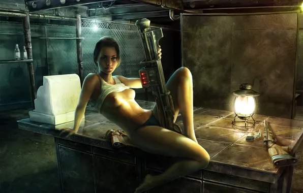 Грудь, девушка, стол, револьвер, Fallout 3, касса, вентовка, Fan Art
