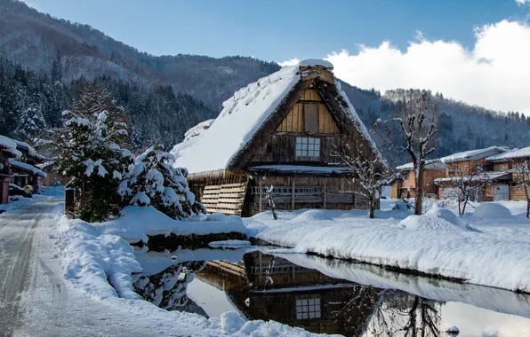 Картинка зима, дорога, снег, пейзаж, горы, село, дома, Япония