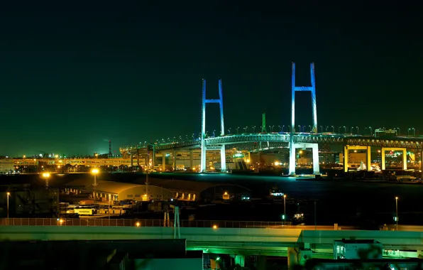 Ночь, мост, огни, дома, Япония, Yokohama Bay Bridge, Иокогама
