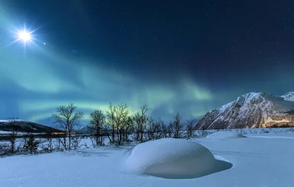 Зима, звезды, снег, горы, ночь, луна, северное сияние, Норвегия