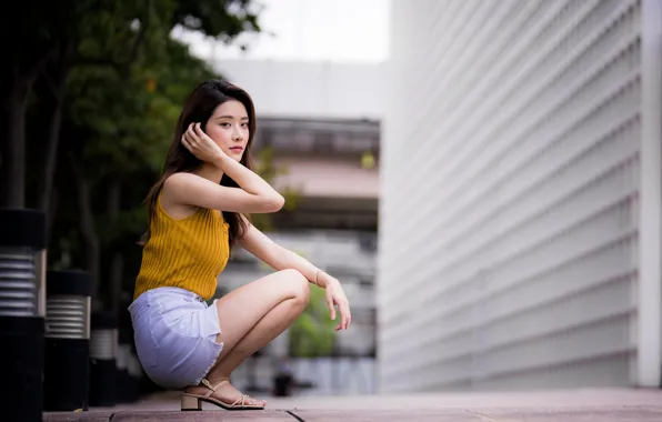 Взгляд, деревья, азиатка, жест, trees, look, asian, white shorts