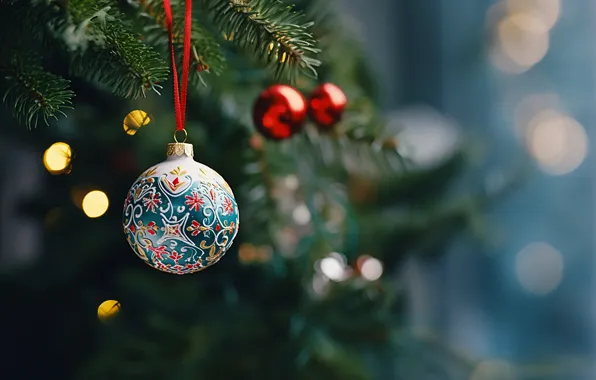 Шарики, ветки, игрушка, шарик, Рождество, Новый год, хвоя, роспись