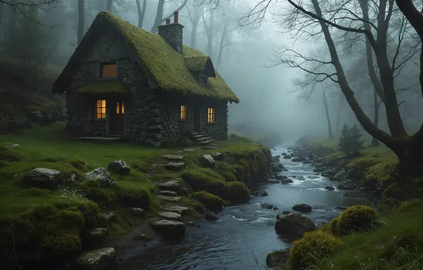 Лес, река, домик, хижина, forest, hut