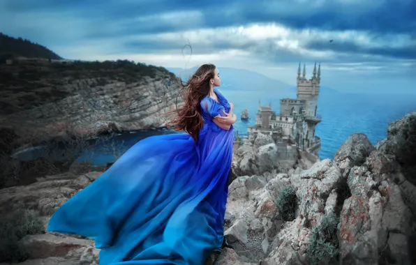 Картинка море, девушка, поза, скала, замок, настроение, платье, Крым