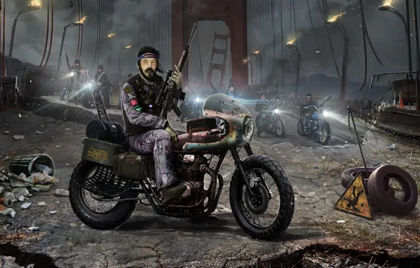 Картинка мост, мотоцикл, байкер, байк, постапокалипсис