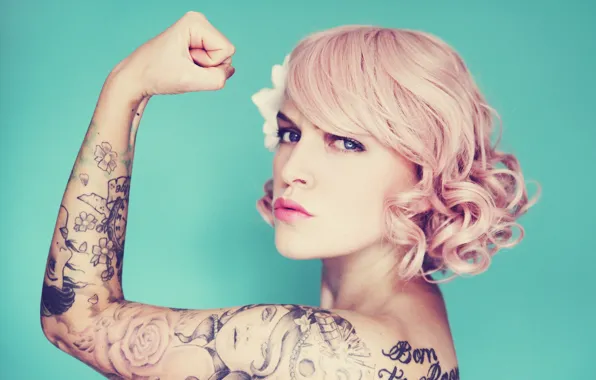 Woman, lips, pin-up, tattoos, direct gaze, feminism