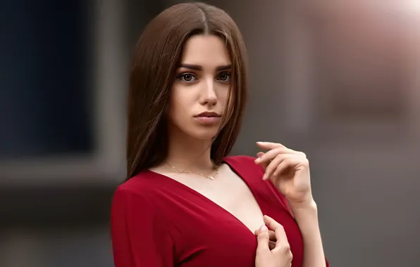 Взгляд, модель, декольте, красное платье, brown eyes, размытый фон, карие глаза, look