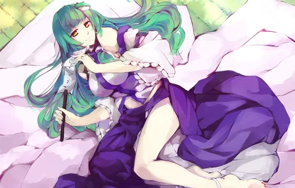 Девушка, улыбка, настроение, touhou, art, kochiya sanae, kalalasan