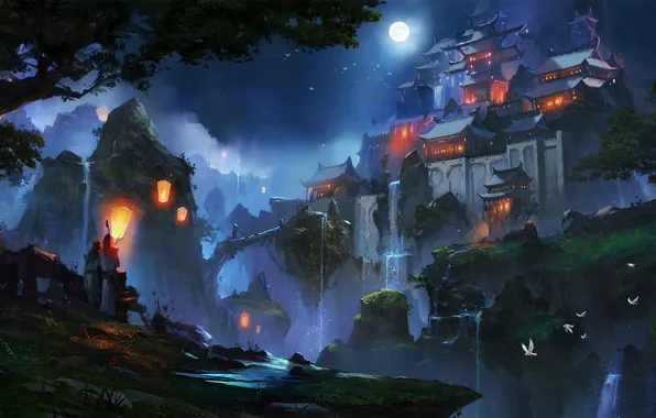 Картинка China, Light, Japan, moon, fantasy, game, Nature, Fire, Asian, landscape, Mountain, night, art, scenery, fantastic, …