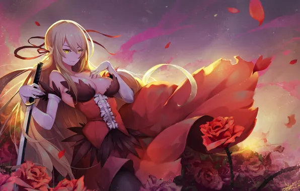 Взгляд, девушка, розы, арт, bakemonogatari