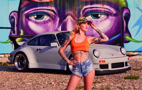 Картинка авто, взгляд, граффити, Девушки, Porsche, красивая девушка, позирует на фоне машины, Vanessa Knauf