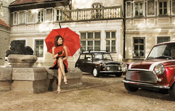 Картинка девушка, машины, улыбка, ретро, окна, лев, зонт, двор