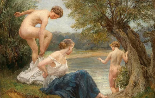 Девушки, Дерево, Река, Картина, Трое, Обнажены, Эдуард Файт, Eduard Veith