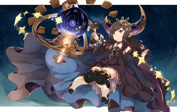 Картинка Arulumaya, ночь, девушка, небо, рога, Granblue Fantasy