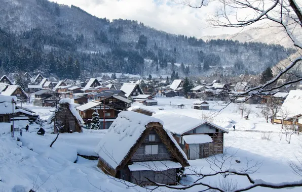 Картинка зима, снег, горы, ветки, холмы, село, дома, Япония