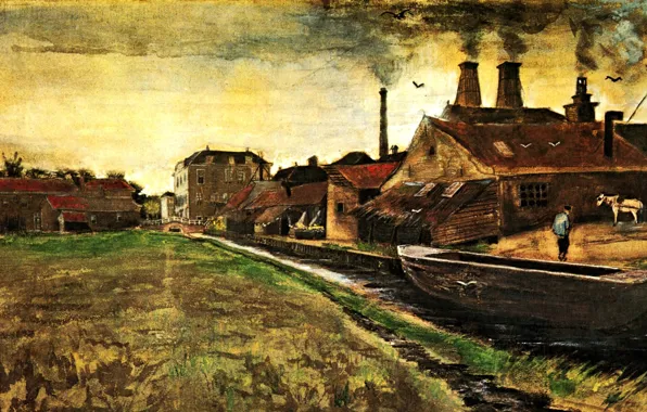 Картинка река, лодка, дым, дома, Винсент ван Гог, The Hague, Iron Mill in