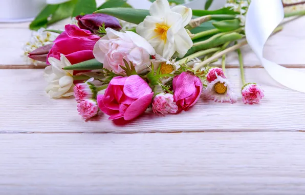 Картинка цветы, букет, весна, colorful, бутоны, wood, pink, flowers