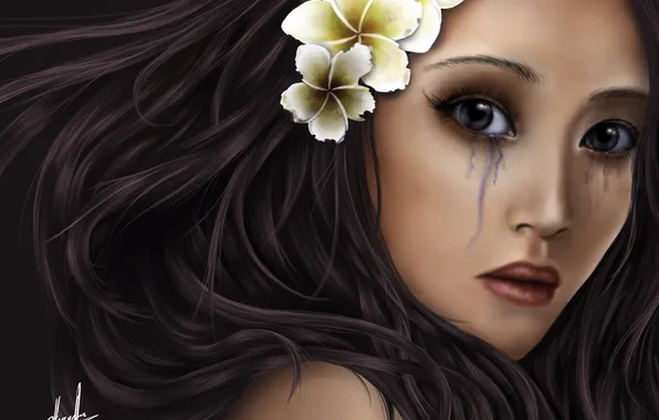 Картинка девушка, цветы, лицо, арт, чернила