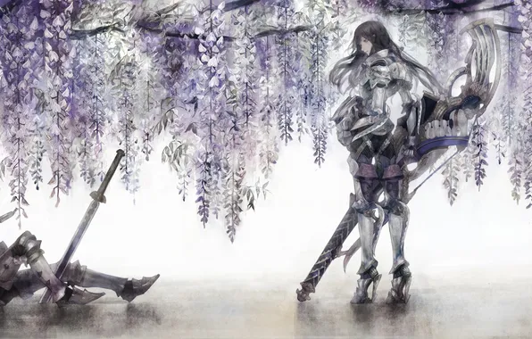 Девушка, оружие, дерево, меч, доспехи, аниме, воин, арт