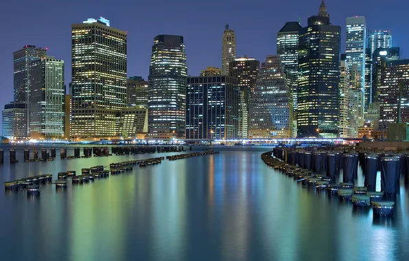Картинка здания, Нью-Йорк, залив, ночной город, небоскрёбы, New York City, сваи