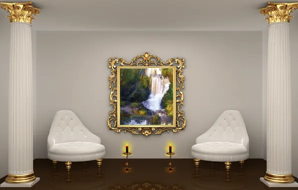 Картинка две, свечи, Комната, кресла, два, резные, коллоны, картина золотой