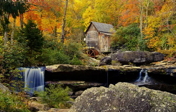 Картинка осень, лес, деревья, камни, скалы, мельница