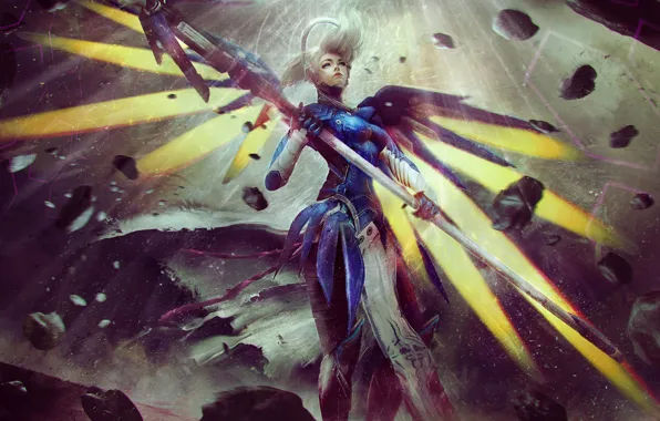Взгляд, арт, красавица, blizzard, Overwatch, Mercy, Angela Ziegler