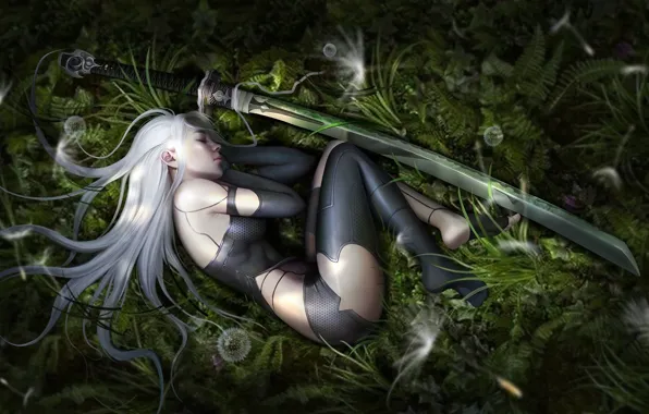 Картинка black stockings, stockings, katana, Nier, women, gloves, white hair, video games