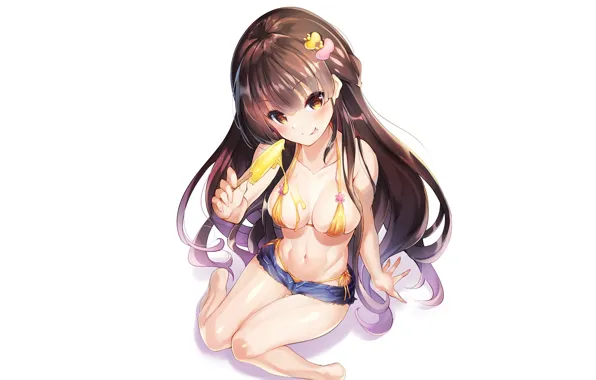 Girl, sexy, cleavage, shorts, long hair, brown hair, boobs, anime