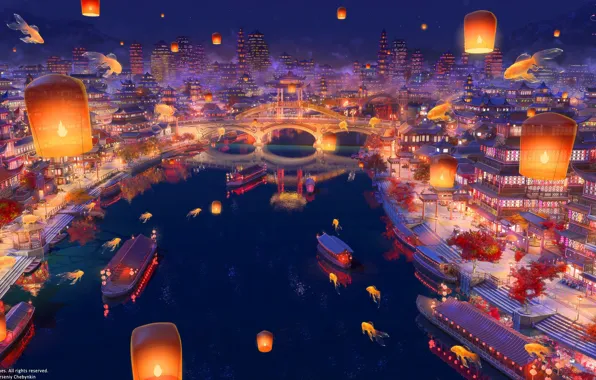 Картинка мост, река, China, лодки, Азия, золотые рыбки, лестницы, фонарики