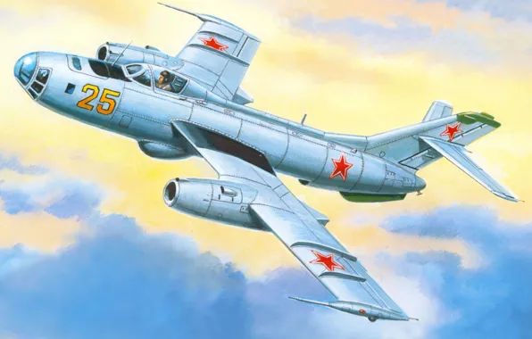 Небо, рисунок, арт, бомбардировщик, советский, скоростной, назначения, Як-25Б