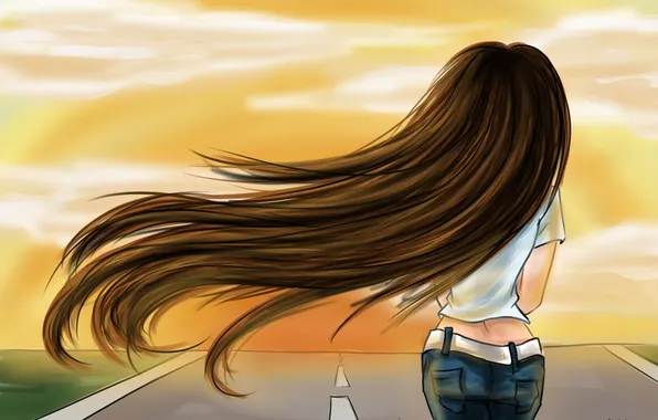 Картинка дорога, небо, девушка, настроение, спина, джинсы, арт, длинные волосы