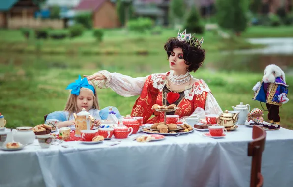 Взгляд, девушка, поза, стол, кролик, Алиса, чаепитие, девочка