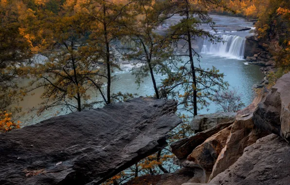 Картинка осень, деревья, пейзаж, природа, река, камни, водопад, США