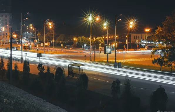 Дорога, Ночь, световые линии, рисование светом
