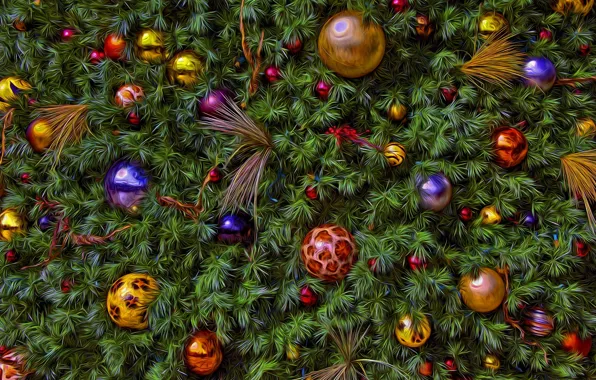 Картинка шарики, украшения, фон, праздник, игрушки, новый год, рождество, ель