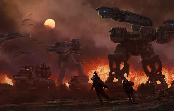 Картинка солнце, взрыв, война, корабли, техника, роботы, солдаты, будущего
