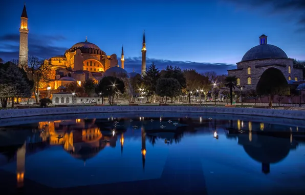 Свет, город, вечер, Стамбул, Турция, Turkey, Ayasofya, Собор Святой Софии
