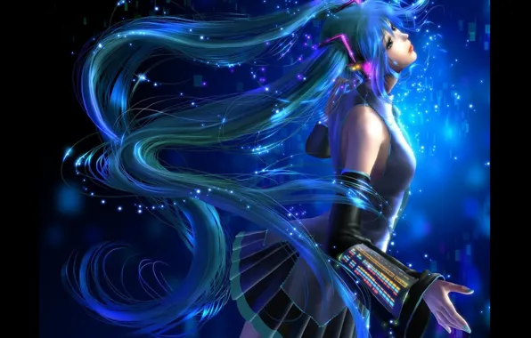 Сияние, огоньки, черный фон, Hatsune Miku, Vocaloid, длинные волосы