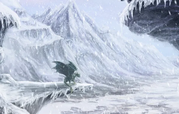 Картинка зима, снег, горы, скалы, дракон, долина, арт