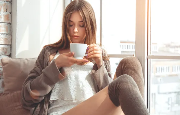 Девушка, кофе, утро, чашка, girl, Beautiful, cup, coffee