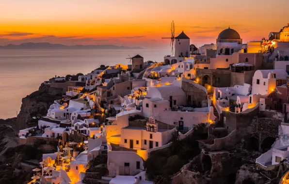 Картинка закат, город, дома, вечер, Греция