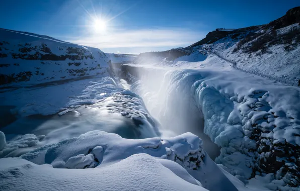 Зима, водопад, Исландия, Iceland, Gullfoss, Гюдльфосс